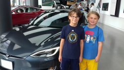 Dylan and Alex with a 2018 Tesla Model 3 at Tesla’s NYC showroom, Greenwich Village, Manhattan