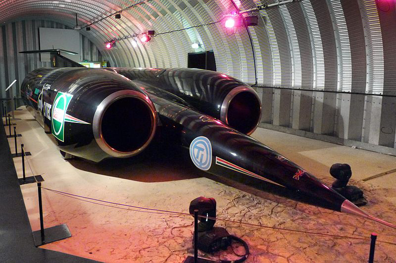 1997 Thrust SSC, the Land Speed Record breaking car driven by Andy Green, on display at the Tran ...
