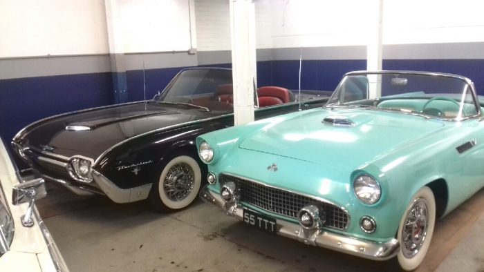 Foreground; 1955 Ford Thunderbird convertible, rear; 1963 Ford Thunderbird convertible